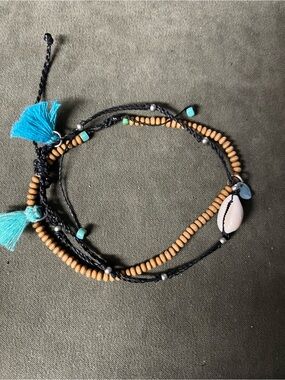 Boho Black Cord Shell & Wood Bead Anklet with Turquoise Tassels